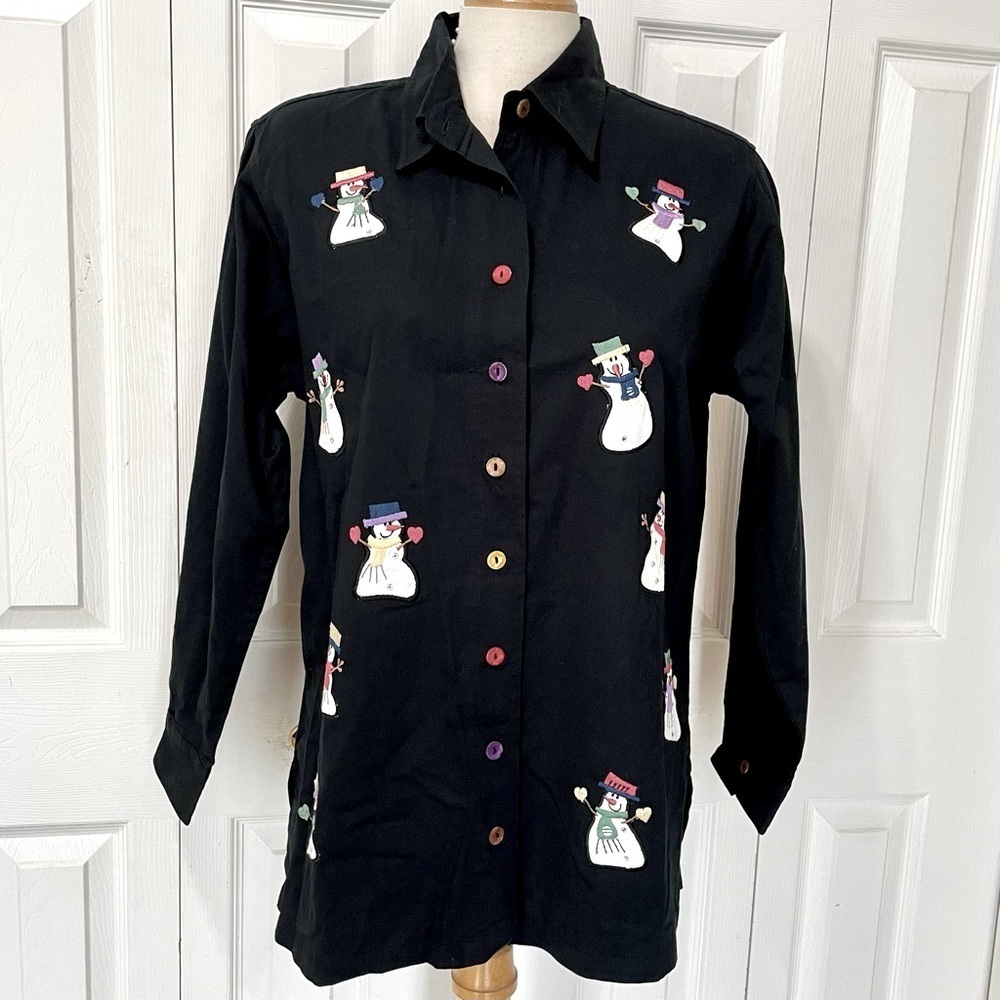NWT Quacker Factory Festive Snowman Christmas Black Shirt
